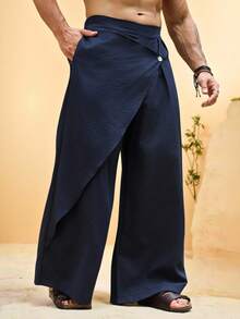 Palmeraft Men's Plus Size Solid Color Button Casual Versatile Daily Travel Long Pants - Navy Blue - View 5
