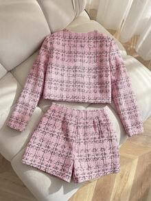 SHEIN 青少年女孩都市時尚長袖格紋夾克與短褲套裝 - 粉色 - 查看 2