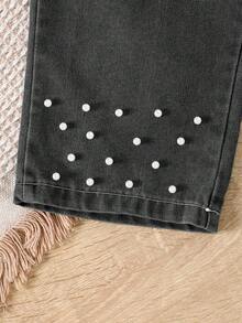 SHEIN 女童 2 件套甜美荷葉邊露肩上衣與串珠牛仔褲，適合夏季日常穿著 - 深灰色 - 查看 10