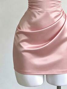 Franclia Đầm satin trơn sang trọng dành cho nữ, dây mảnh, xếp ly, cổ khoét sâu. - Hồng - Xem 4