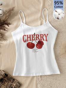 Tseoso 休閒度假風可愛紅色櫻桃字母定位印花女款背心，百搭 95% 棉，適合春夏 - 白色 - 查看 1