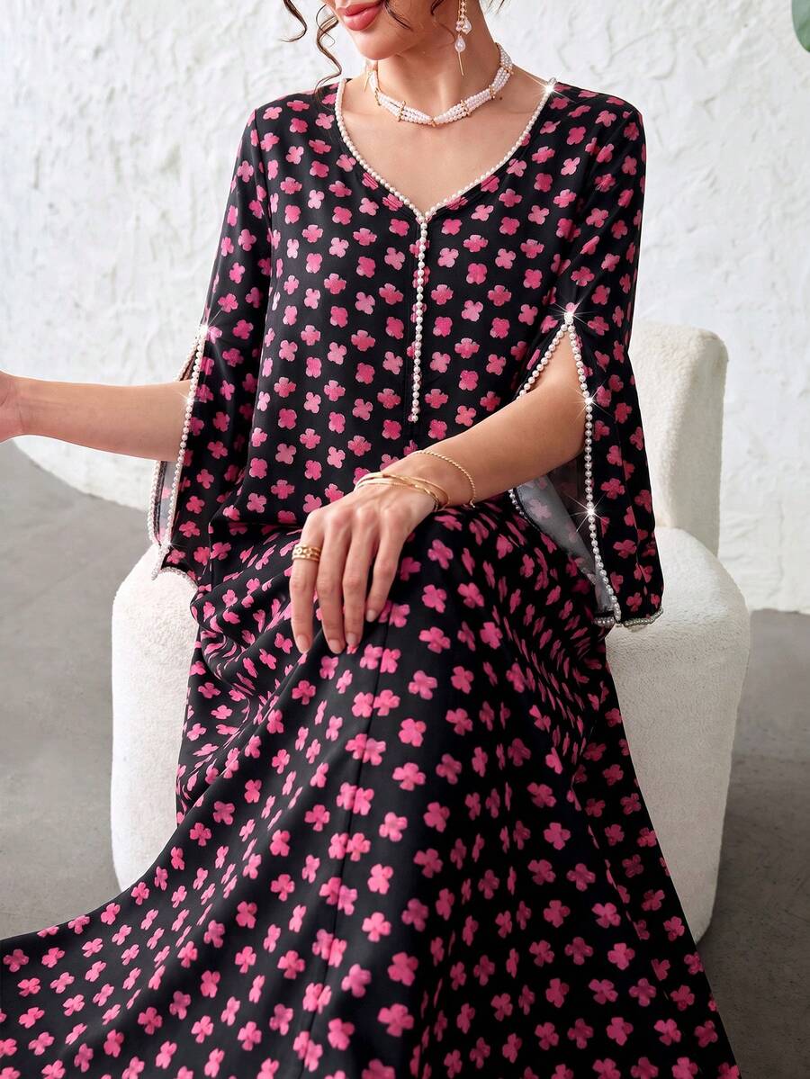 Yasmyna Elegant V-Neck Pearl Trim Patchwork Floral Print Loose Fit Slimming Flattering Full Skirt Romantic Women's Dress - Multicolor - View 1