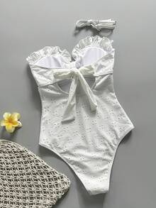 Swim Mod Women's One-Piece Embroidered Mesh Fabric White Frill Trim Detachable Shoulder Strap Swimsuit - White - View 3