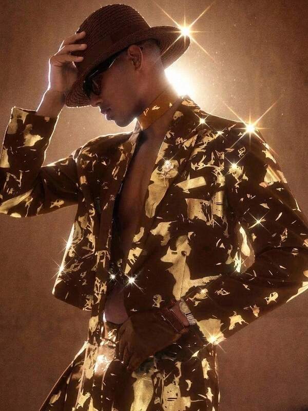 AKNOTIC Men's Gold Foil Long Sleeve Jacket And Pants Casual Commute Suit Set