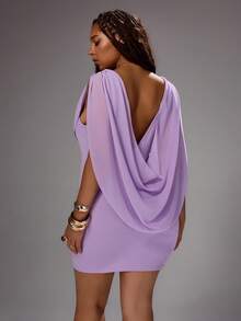 Rustia Plus Size Women Solid Color Minimalist Casual Plus Size Shawl Collar Fitted Dress, Beach Vacation, Wedding Party, Birthday Date, Designer Shawl Dress - Purple - View 2