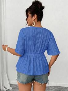 Elenzga Áo blouse size lớn vải thêu rỗng cổ chữ V tay ngắn chiết eo dáng chữ A gấu bèo thắt nơ trước, thanh lịch thường ngày đi làm hẹn hò tiệc tùng du lịch - Xanh đậm - Xem 2