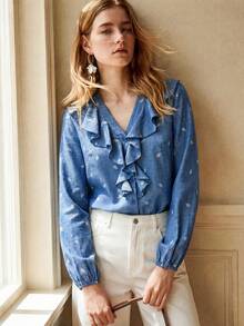 Écloséra Women's Spring/Autumn Commute & Date Printed Open Front Ruffle Trim Blouse - Blue - View 3