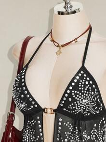 SHEIN ICON Women's Rivet Design Mesh Halter Neck Tank Top With Sexy Slit Hem - Black - View 6