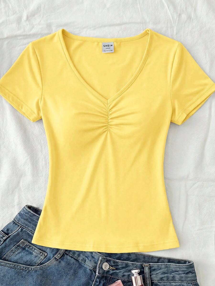 SHEIN 青少年女孩粉色V領抓皺蕾絲拼接短袖T恤 - 黃色 - 查看 1