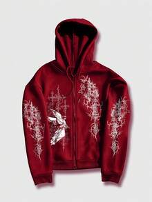 ROMWE MEN Goth 男士天使圖案印花拉鍊連帽長袖衛衣 - 紅色 - 查看 1
