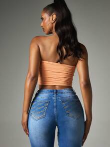 BABYPHAT Top corto tipo bandeau con estampado de logo con brillo, estilo tubo sin tirantes para festivales de verano - Naranja Coral - Ver 3