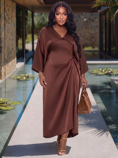 Poshavie Poshavie Maxiklänning i satin med V-ringning för kvinnor i plus size, rynkad midja, draperade fladdermusärmar, abaya, elegant plisserad midja, lång klänning för kurviga afrikanska damer, fest- och aftonklänning