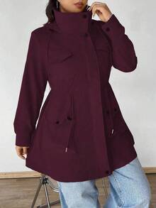 Ceyna Plus Size Women's Solid Color Pocket Casual Versatile Daily Long Sleeve Jacket Fall - Burgundy - View 5