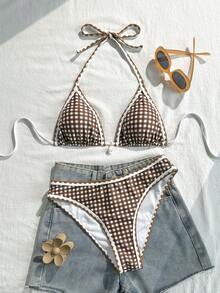 Swim Vcay 女款兩件式泳衣套裝，格紋印花與純色拼接，掛脖綁帶式露背設計，貝殼元素，夏季度假海灘穿搭 - 彩色 - 查看 4