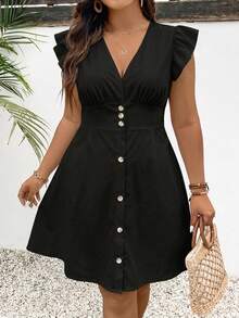 SHEIN Frenchy Đầm dự tiệc cưới mùa hè phong cách Bohemian cho nữ size lớn, dáng chữ A phối patchwork, tay cánh, chân váy xòe (phù hợp làm đầm lễ tốt nghiệp) - màu đen - Xem 6