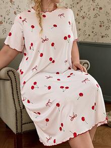 CottageSlumber Plus Size Women's Frill Trim Ribbed Knit Cherry Print Nightgown - White - View 4