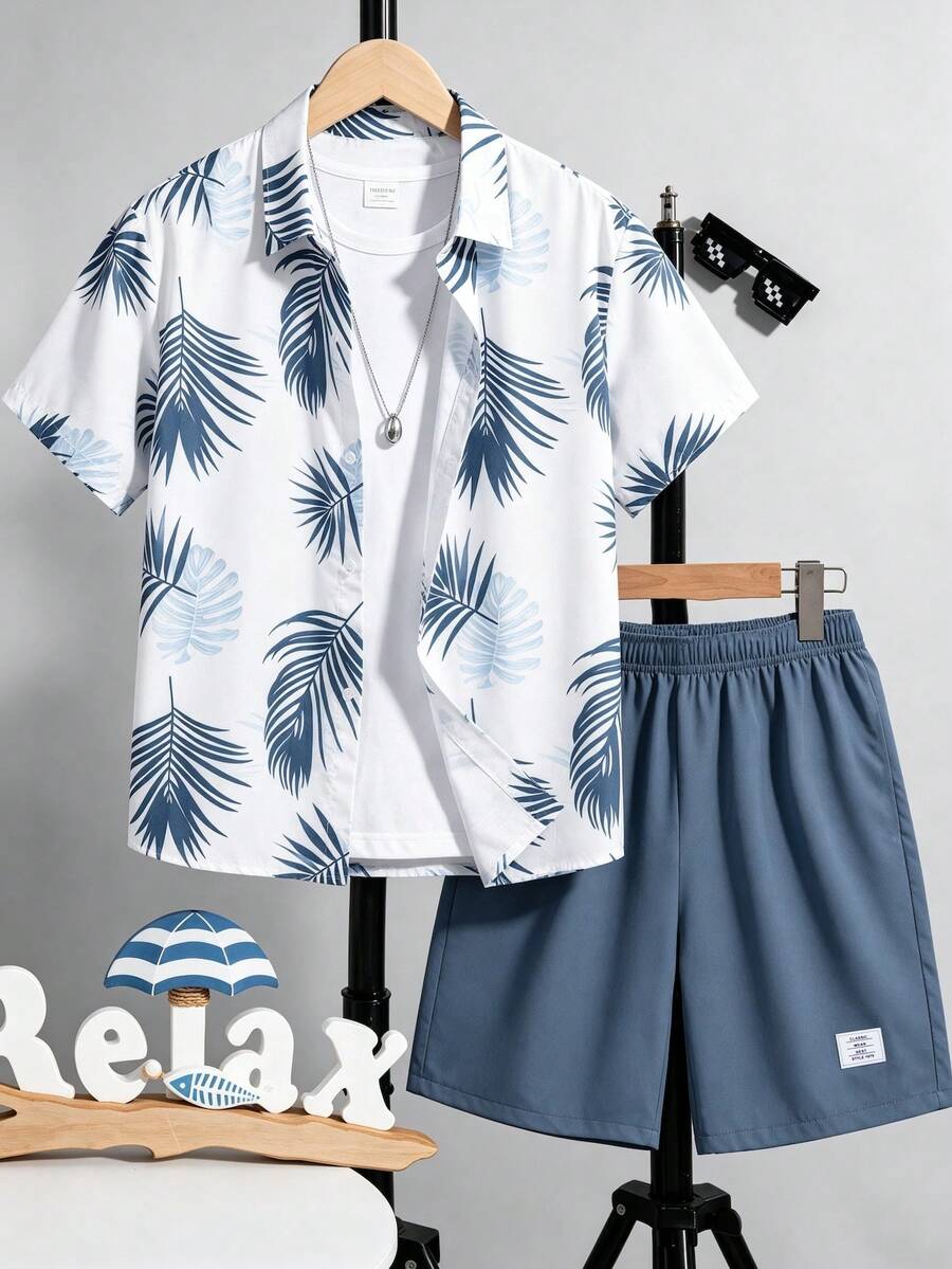 SHEIN 青少年夏季新款度假風全身印花短袖襯衫與短褲休閒兩件套 - 藍色 - 查看 1