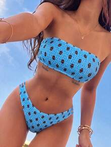 Swim Mod 2026春夏女款露背性感度假風兩件式比基尼泳衣套裝，附荷葉邊平口上衣，多色隨機碎花，側高衩設計 - 彩色 - 查看 5