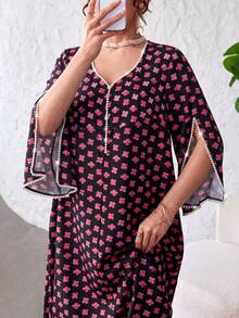 Yasmyna Elegant V-Neck Pearl Trim Patchwork Floral Print Loose Fit Slimming Flattering Full Skirt Romantic Women's Dress - Multicolor - View 2