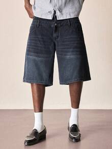 ROMWE MEN Casual 男士休閒百搭日常旅行牛仔短褲，附口袋與鈕扣雙層腰帶 - 藍色 - 查看 6
