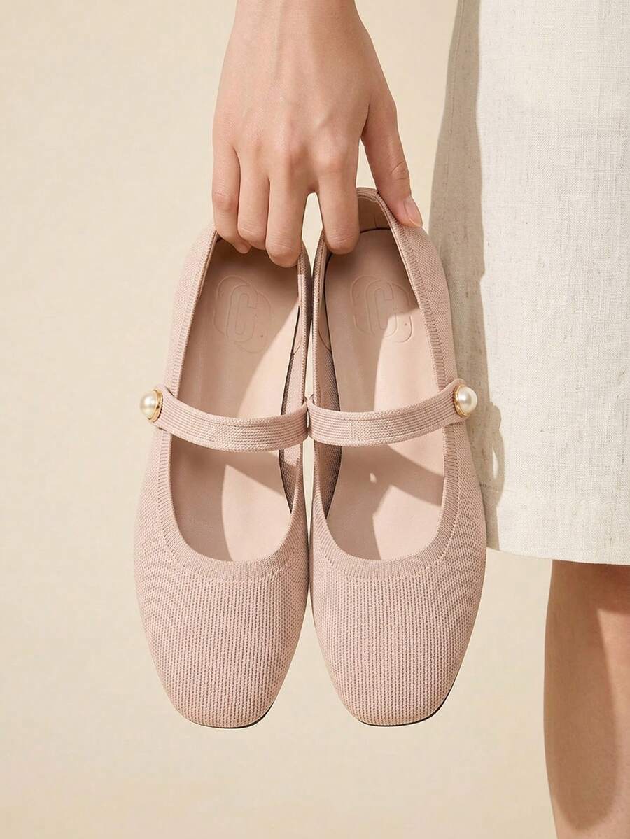 CUCCOO BASICS Women's Fashion Fabric Comfortable Breathable Pearl Decor Mary Jane Flats For Commuting, Dating, Party, School For Christmas Spring Shoes - Dirty pink - View 1