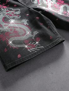 ROMWE MEN Street Life 男士休閒日常牛仔短褲，附口袋、鈕扣與花卉龍圖案 - 黑色 - 查看 8
