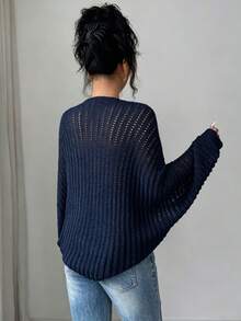 SHEIN Clasi 女款春夏度假派對夜出日常假期針織鏤空蝙蝠袖開襟衫 約會優雅性感休閒辦公室軟質上衣 海軍藍 - 寶藍色 - 查看 2