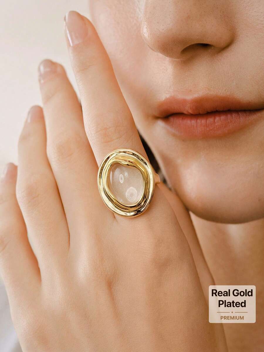 Opalesca Cincin Terbuka Geometris Berlapis Emas 18k, Perhiasan Asimetris Mewah Ringan Bergaya - Yellow Gold - View 1