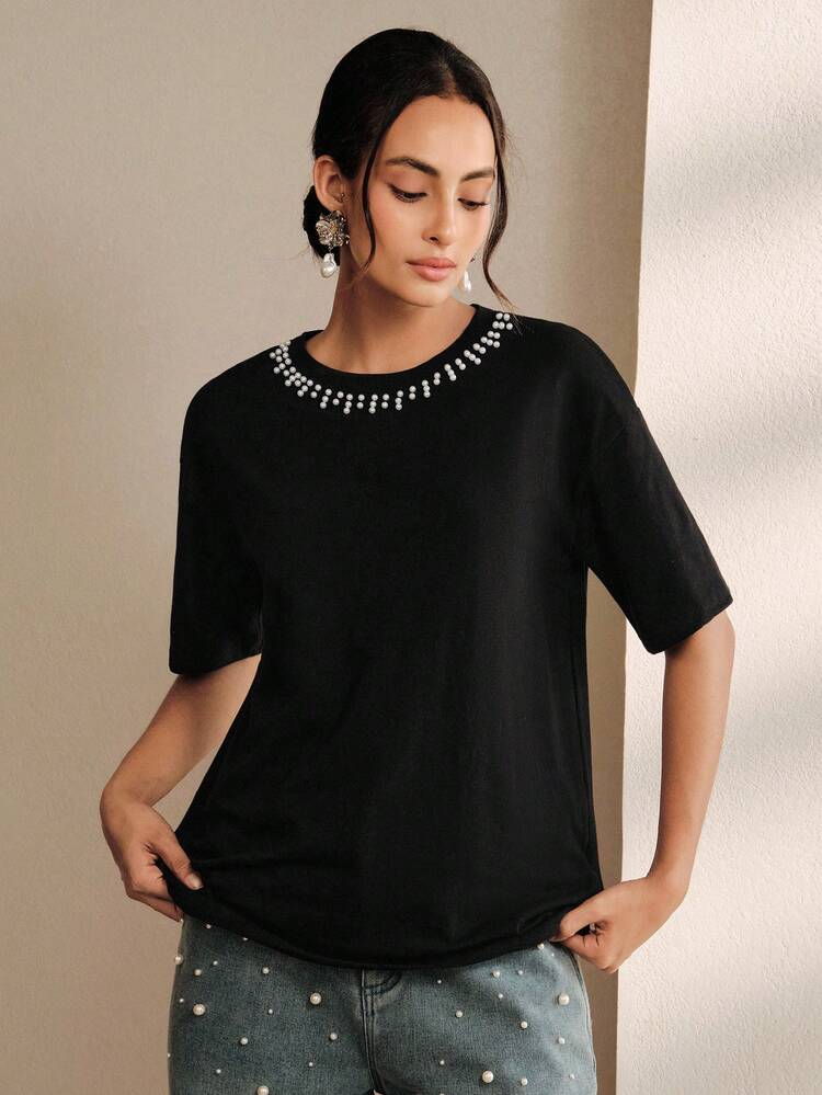 Anewsta Women's Elegant Rhinestone Embellished T-Shirt, Suitable For Daily Commute - Black - View 3