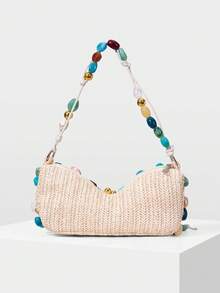 MOTF LADIES FASHION COLORED STONE + BEIGE STRAW BAG, EXQUISITE VACATION DESIGN SHOULDER BAG, SUITABLE FOR DAILY, PARTY, PARTY, VACATION, BEACH, SEASIDE - Beige - View 5