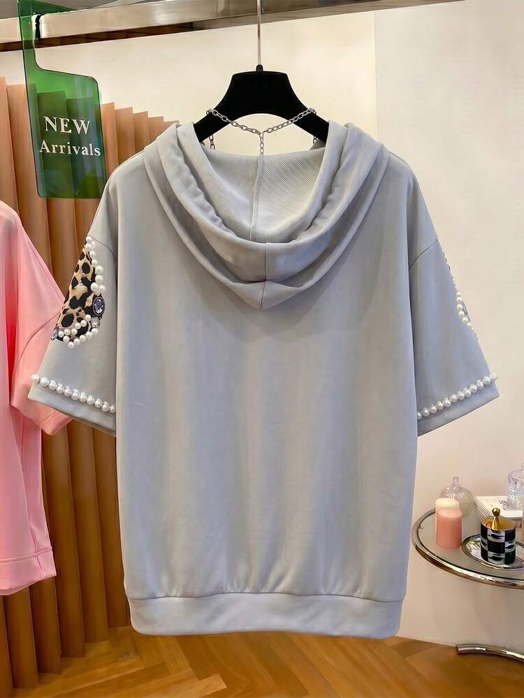 Franclia Elegant Casual Women's Sweatshirt Sweatshirt With Hood Drawstring Short Sleeve 3D Print Sleeve Pearl Decoration Women's Sweatshirt Graduation Season Women's Sweatshirt Back To School Sweatshirt Women's Commute Sweatshirt Women's Vacation Sweatshirt Women's Holiday Sweatshirt Women's Festival Sweatshirt - Multicolor - View 2