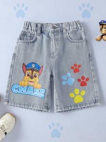 SHEIN | PAW Patrol 1pc Fun Casual Style Young Boy Cartoon Pattern Denim Shorts - Light Wash - View 3