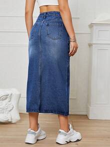 SHEIN EZwear 女款高腰口袋開衩下擺休閒牛仔裙 - 深色水洗藍 - 查看 2