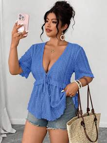 Elenzga Áo blouse size lớn vải thêu rỗng cổ chữ V tay ngắn chiết eo dáng chữ A gấu bèo thắt nơ trước, thanh lịch thường ngày đi làm hẹn hò tiệc tùng du lịch - Xanh đậm - Xem 6