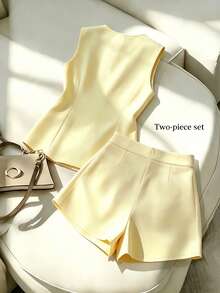 Franclia Women's 2-Piece Set,Pale Yellow Summer Casual Smart Casual Elegant Tea Party V-Neck Sleeveless Blazer Vest Top And Shorts Set,Office Suit Outfits,2026 - Light Yellow - View 2