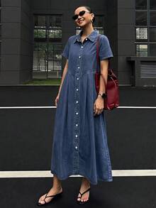 DAZY 春夏女款寬鬆休閒直筒牛仔洋裝 - 藍色 - 查看 6