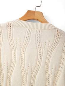 GlowEve CURVE Plus Size Elegant Pearl Round Neck Button Long Sleeve Cardigan - Beige - View 5