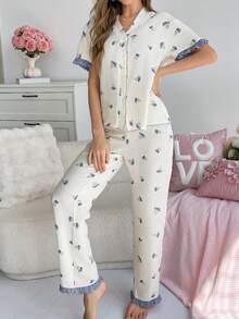 CottageSlumber Women's Floral Print Frill Trim Button Front Pajama Set - Blue - View 5