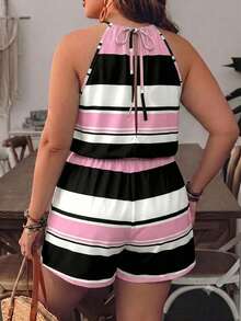 EMERY ROSE Mono casual de uso diario para mujer talla grande con estampado de ancla, plisado, bloques de color y cuello halter - Rosa - Ver 2