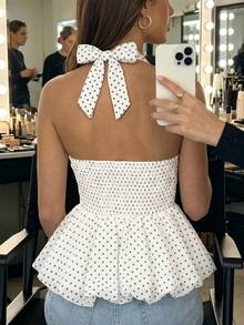 SHEIN Raffinéa Summer Outfits Elegant French Style Women's Top, Built-In Chest Cup, No Need For Bra, Polka Dot Halt - White - View 3