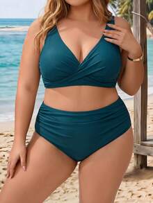 SHEIN CURVE+ Plus Size Women Summer Beach Solid Color Ruched Sexy Bikini Top And Triangle Bottom Two-Piece Swimwear Set - Blue - View 5