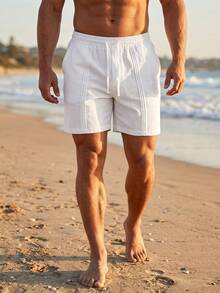 VIVINTIMO Pantalones cortos de playa de unicolor con cordón en la cintura para hombre para vacaciones - Blanco - Ver 3