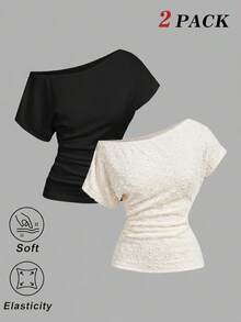 SHEIN MOD 女款純色不對稱肩抓皺休閒百搭日常T恤 - 彩色 - 查看 2