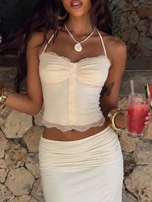 Opulessa Top sin mangas con cuello halter plisado y diseño de botones para vacaciones de primavera/verano - Rosa - Ver 2