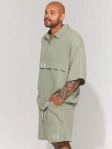 Athstrex 2pcs Men's Plus Size Solid Color Short Sleeve Shirt And Shorts Set Going Out Vacation Sage Green Summer Casual - Green - View 5