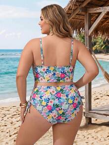 SHEIN CURVE+ 大码女式两件套印花加宽肩带三角比基尼套装，度假沙滩装 - 彩色 - 查看 2