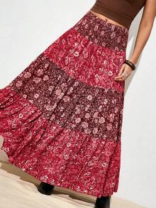 Nubod Plus Size Patchwork Waist Floral Print Casual Vacation Skirt For Women - Multicolor - View 6