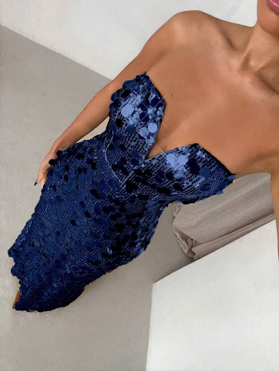 SHEIN Glamour 亮片晚宴派對度假洋裝,時尚優雅 - 藏蓝色 - 查看 1