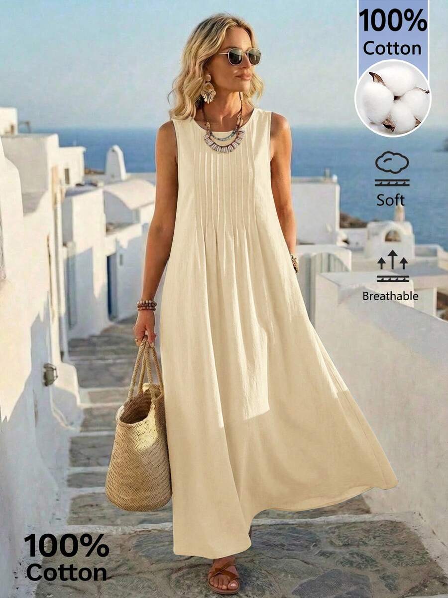 Rosumi Women's Plus Size Patchwork Vacation Casual Sleeveless Pullover Maxi Dress - Khaki - View 1
