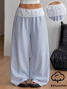 Coolane Women's Summer Country Concert Going Out Beach Outfits Boho Vacation Basic Minimalist Contrast Lace Washed 51%Cotton Blue Strip Pants Curved Hem Pants - Blue - View 4